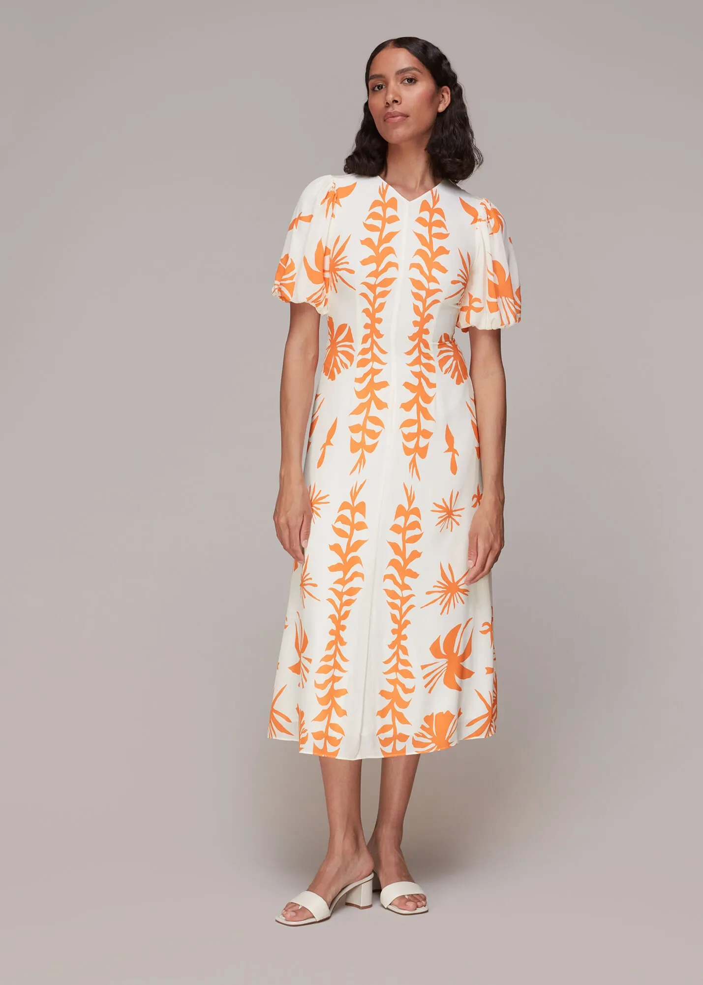 Orange Cora Big Leaf Print Silk Dress