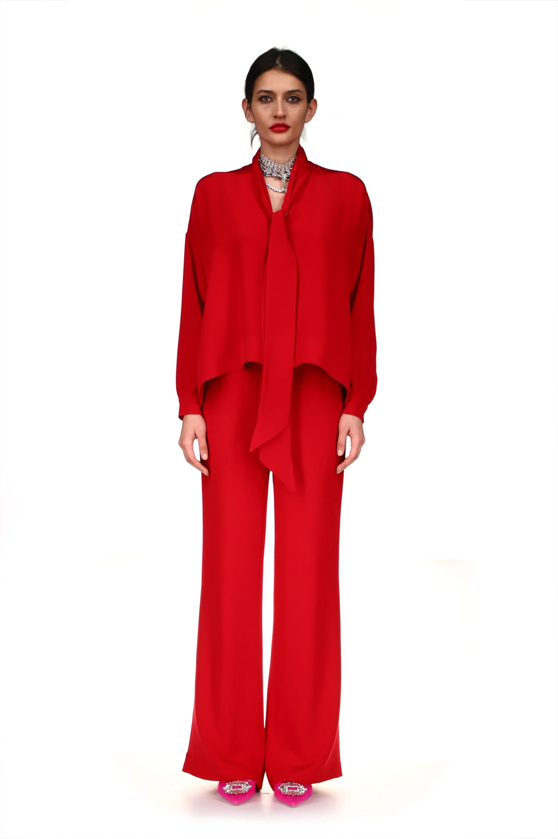 'OVERSATURATED SILKS' RED WIDE LEG TROUSERS