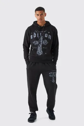 Oversized Gothic Print Hooded Tracksuit | boohooMAN UK