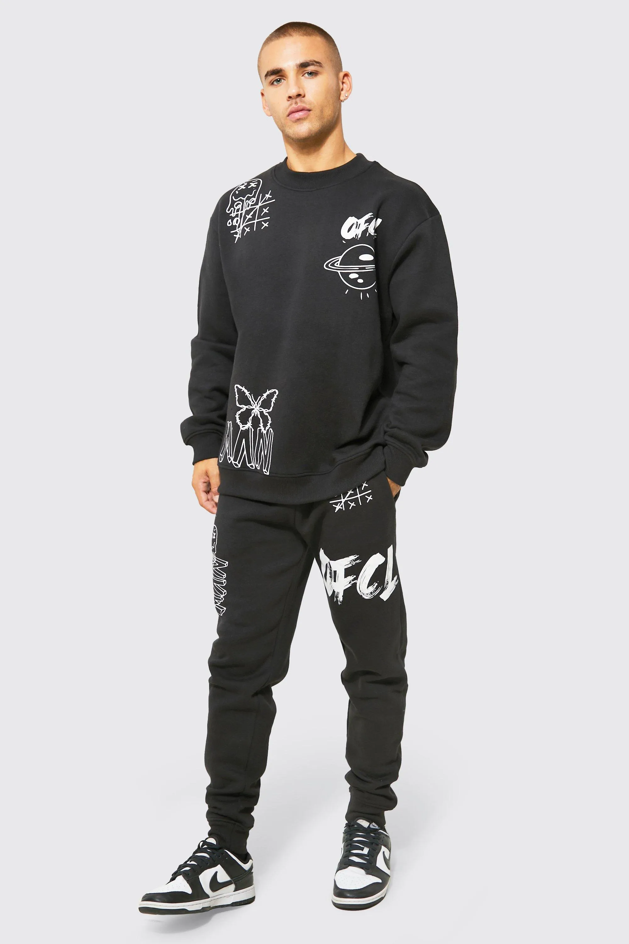 Oversized Ofcl Graffiti Sweatshirt Tracksuit | boohooMAN UK