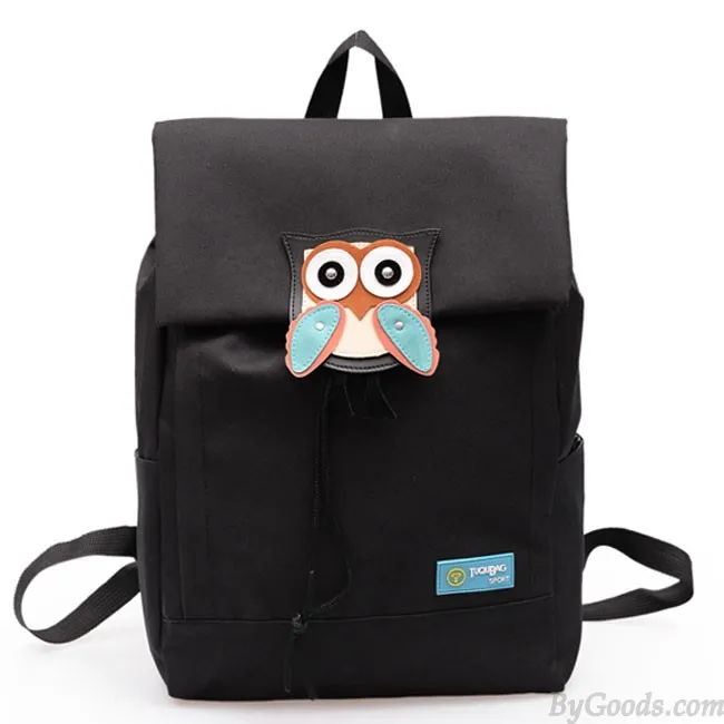 Owl Backpack Waterproof Canvas Rucksack Solid Color College Leisure Travel Pack