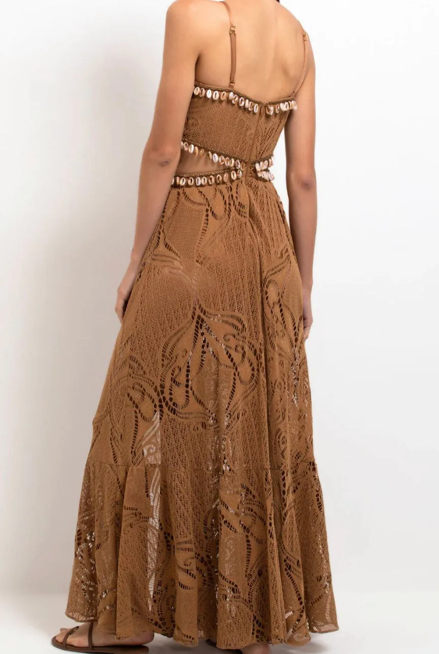 Patbo Maxi Dress - Almond Beaded Seashell Cut Out.