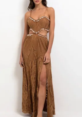 Patbo Maxi Dress - Almond Beaded Seashell Cut Out.