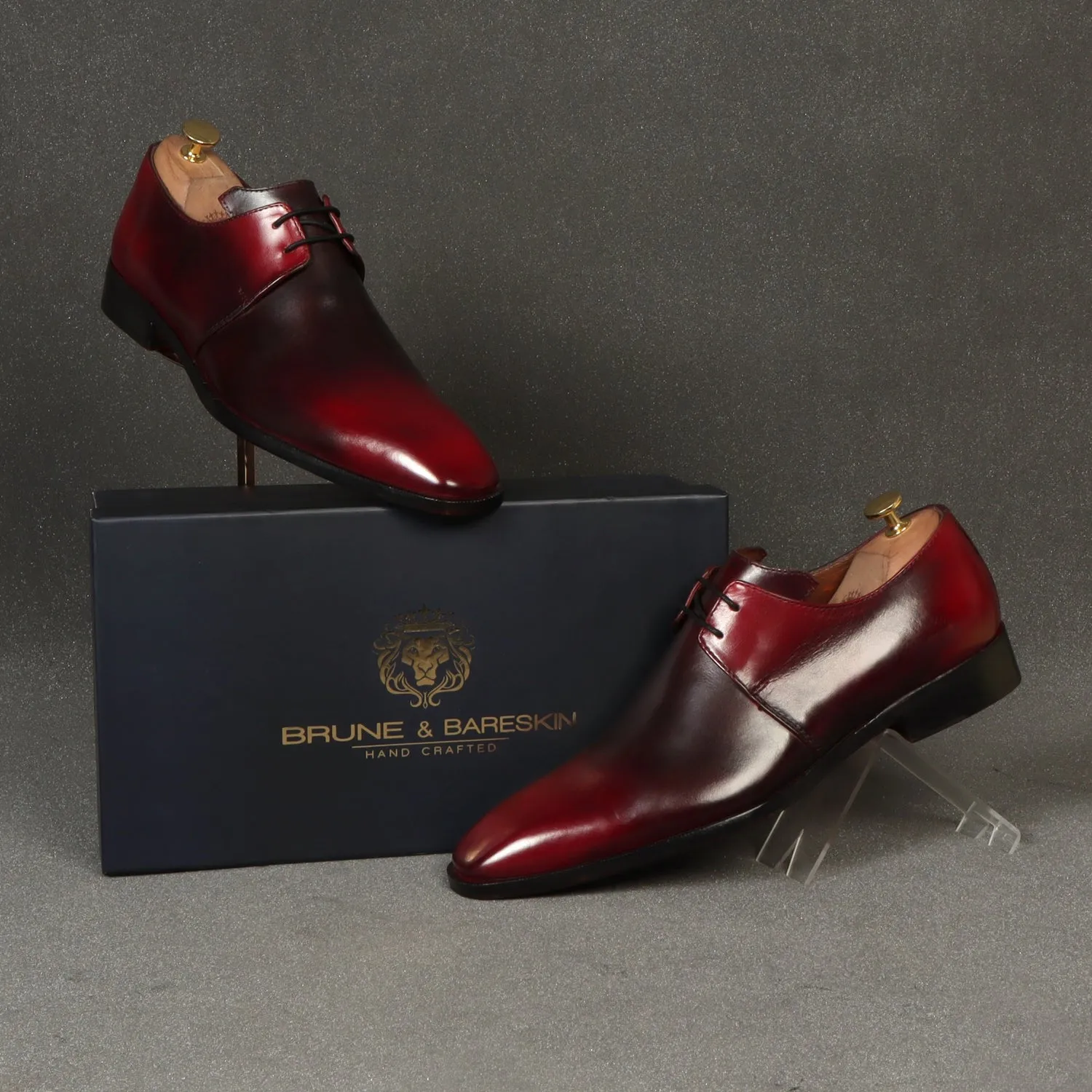 Patina Finish Derby Lace-Up Wine Dual Tone Leather Formal Shoes By Brune & Bareskin