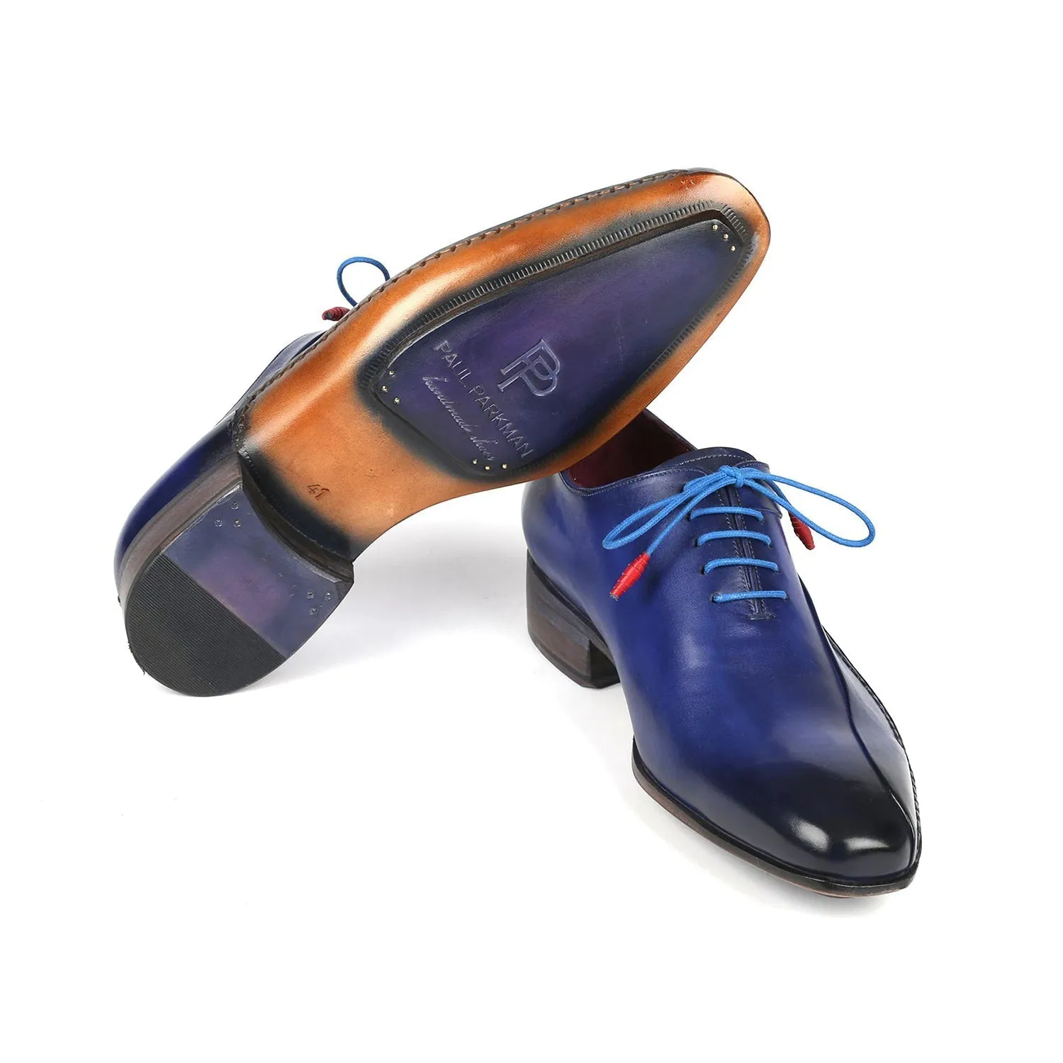 Paul Parkman 018-BLU Men's Shoes Blue Calf-Skin Leather Opanka-Sewed Oxfords (PM6357)