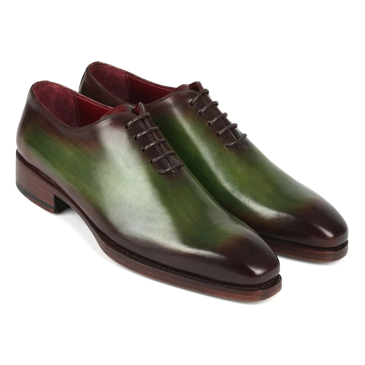 Paul Parkman 044GBD Men's Shoes Green & Bordeaux Calf-Skin Leather Goodyear Welted Whole-Cut Oxfords (PM6352)