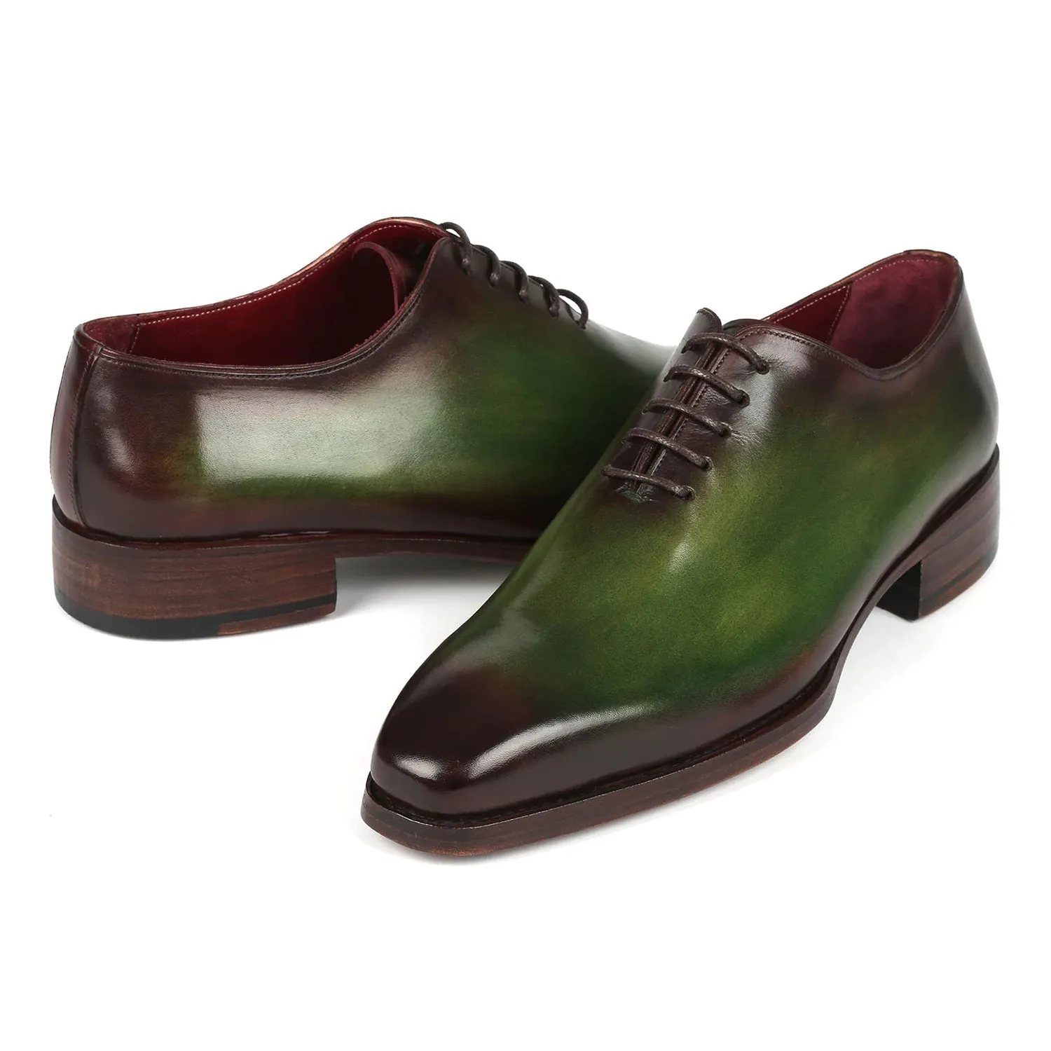 Paul Parkman 044GBD Men's Shoes Green & Bordeaux Calf-Skin Leather Goodyear Welted Whole-Cut Oxfords (PM6352)