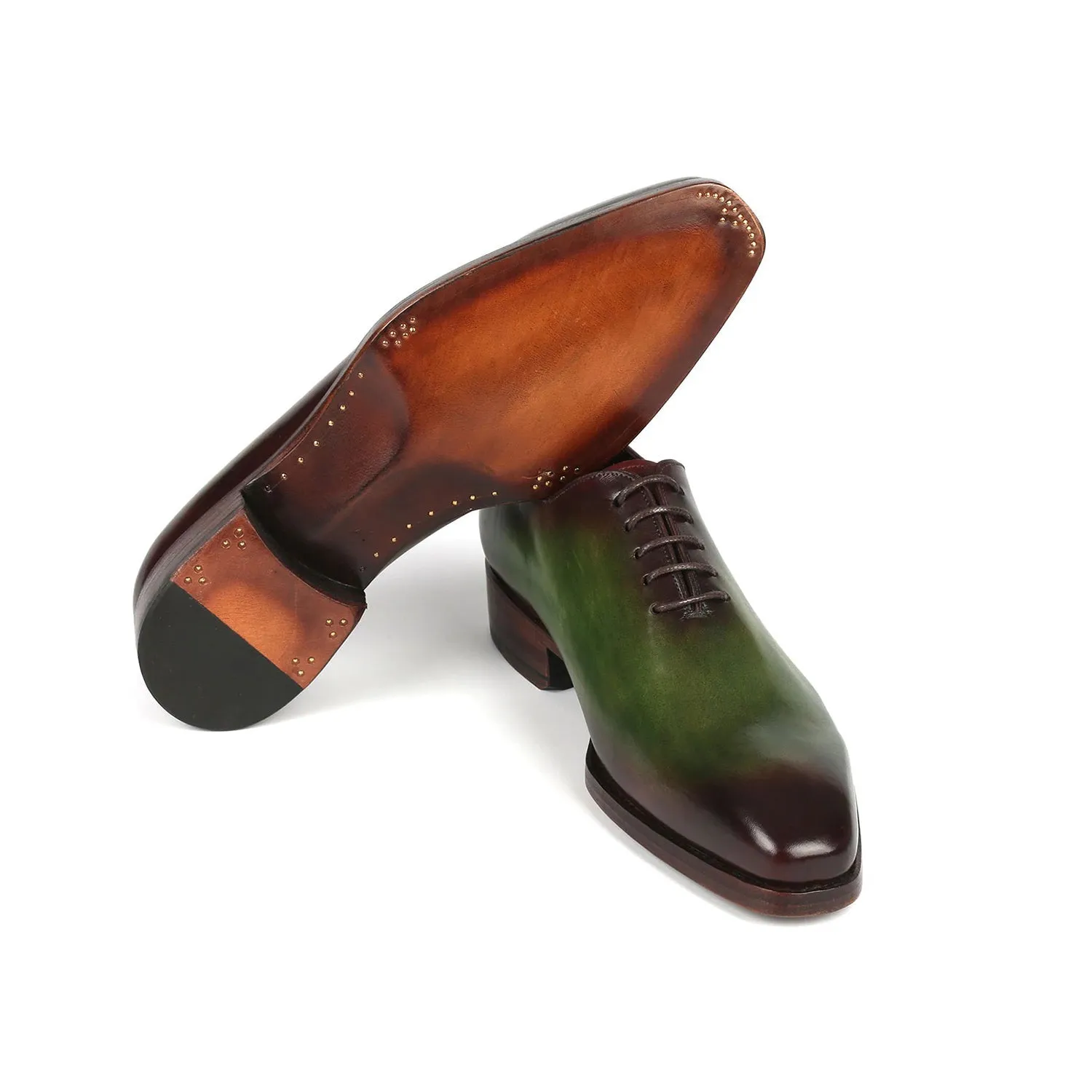 Paul Parkman 044GBD Men's Shoes Green & Bordeaux Calf-Skin Leather Goodyear Welted Whole-Cut Oxfords (PM6352)