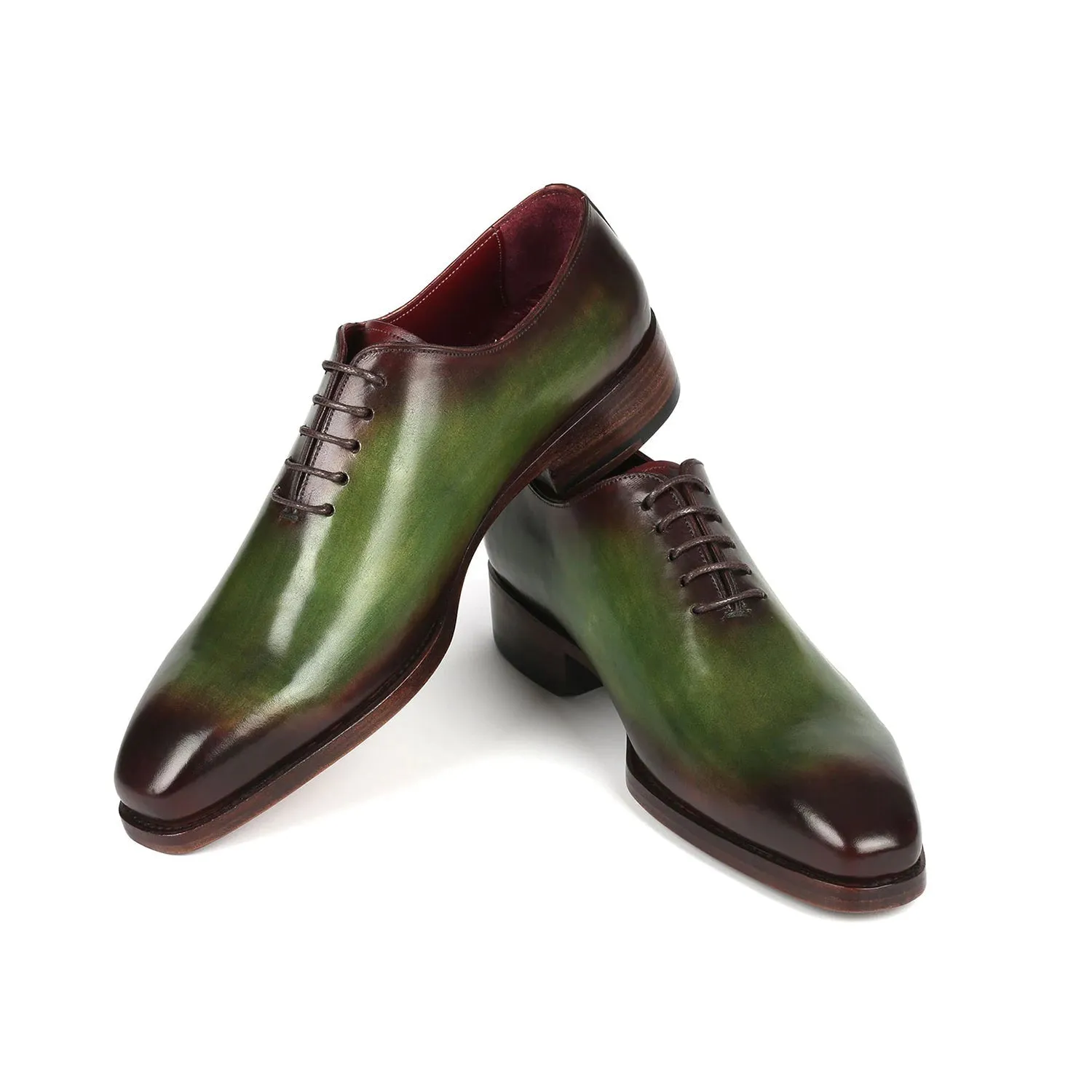 Paul Parkman 044GBD Men's Shoes Green & Bordeaux Calf-Skin Leather Goodyear Welted Whole-Cut Oxfords (PM6352)