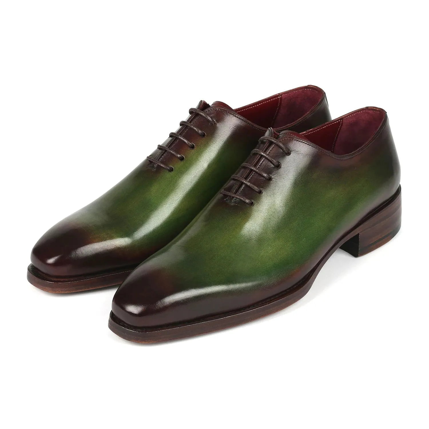 Paul Parkman 044GBD Men's Shoes Green & Bordeaux Calf-Skin Leather Goodyear Welted Whole-Cut Oxfords (PM6352)