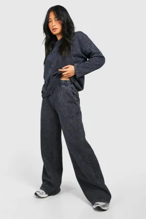 Petite Acid Wash Sweatshirt & Wide Leg Jogger Tracksuit