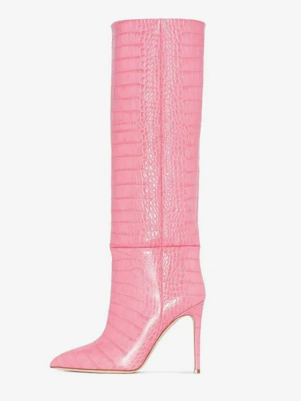 Fashionable Pink Croc Pattern High Heel Boots