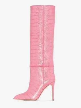 Fashionable Pink Croc Pattern High Heel Boots