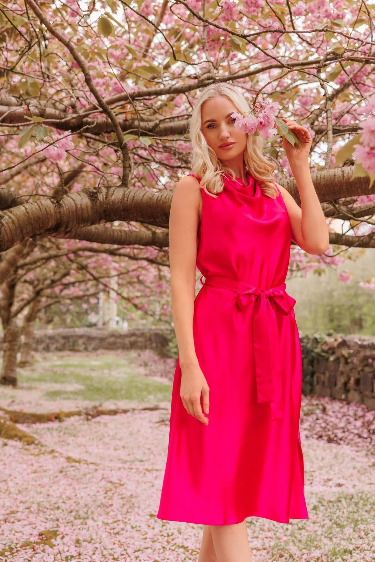 Pink Satin Cowl Neck Dress