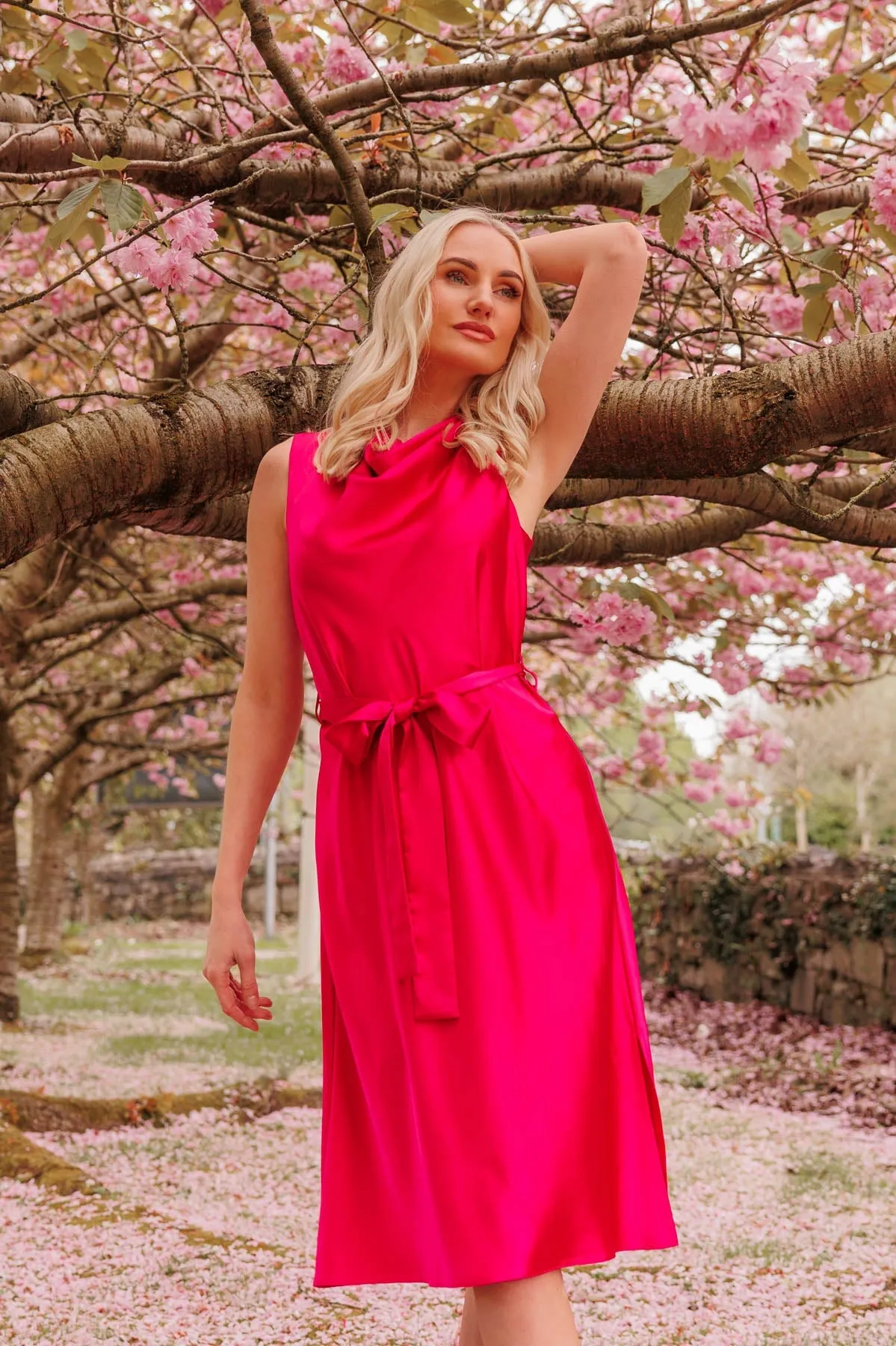 Pink Satin Cowl Neck Dress