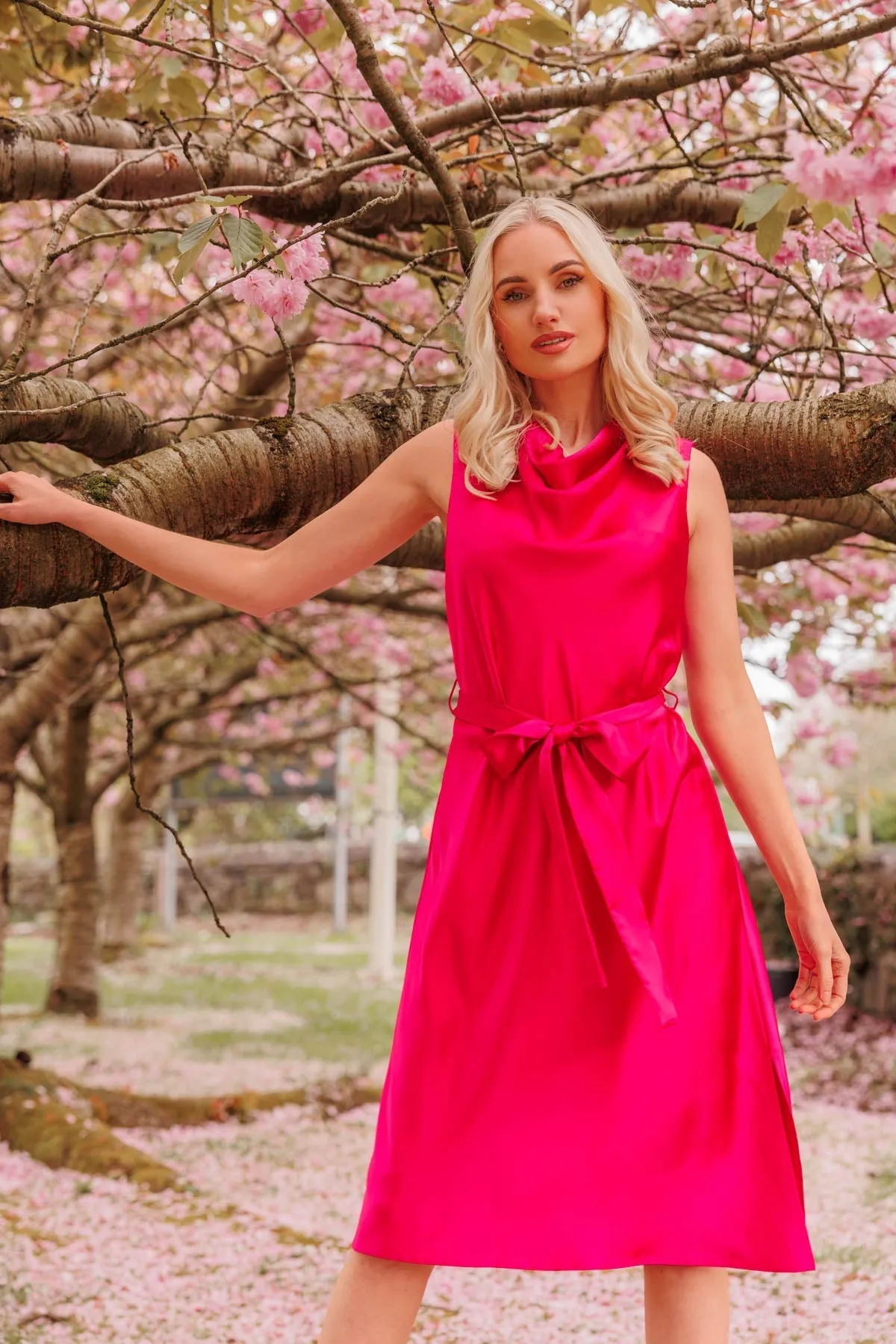 Pink Satin Cowl Neck Dress