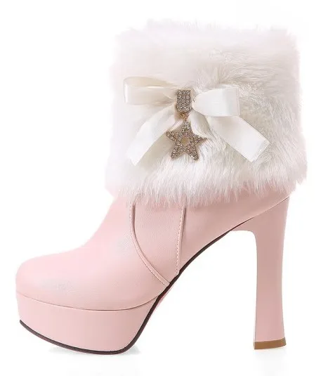 Pink and White Fur Ankle Platform Heel Boots with Gold Stars