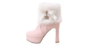 Pink and White Fur Ankle Platform Heel Boots with Gold Stars