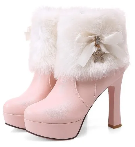 Pink and White Fur Ankle Platform Heel Boots with Gold Stars