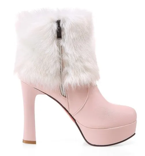 Pink and White Fur Ankle Platform Heel Boots with Gold Stars