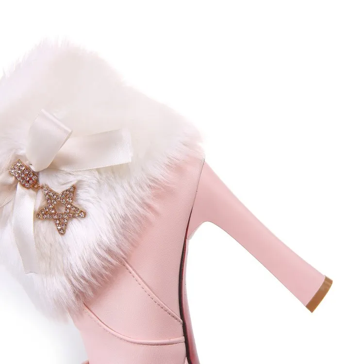 Pink and White Fur Ankle Platform Heel Boots with Gold Stars