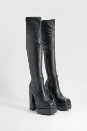 Platform Block Heel Stretch Pu Knee High Boots