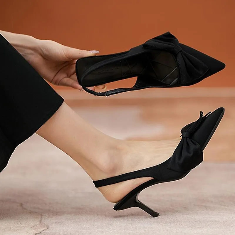 Pointed Toe Kitten Heels Sandals with Bowknot - Women's Slingback Closed Toe Heeled Shoes