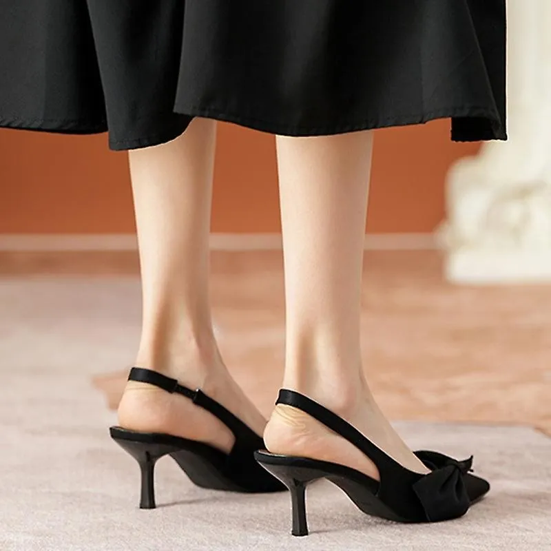 Pointed Toe Kitten Heels Sandals with Bowknot - Women's Slingback Closed Toe Heeled Shoes