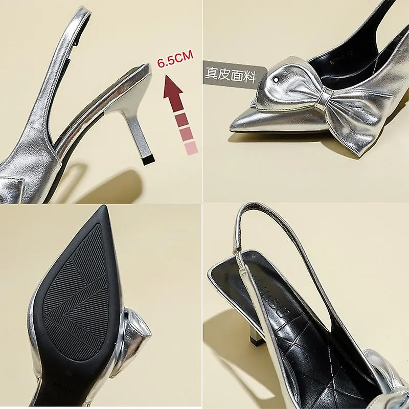 Pointed Toe Kitten Heels Sandals with Bowknot - Women's Slingback Closed Toe Heeled Shoes