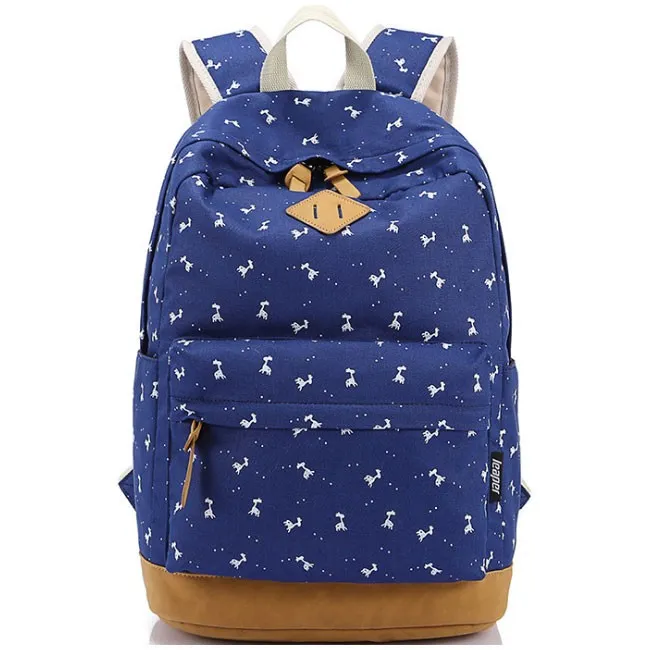 Printed Canvas School Backpack with Deer Design for Girls