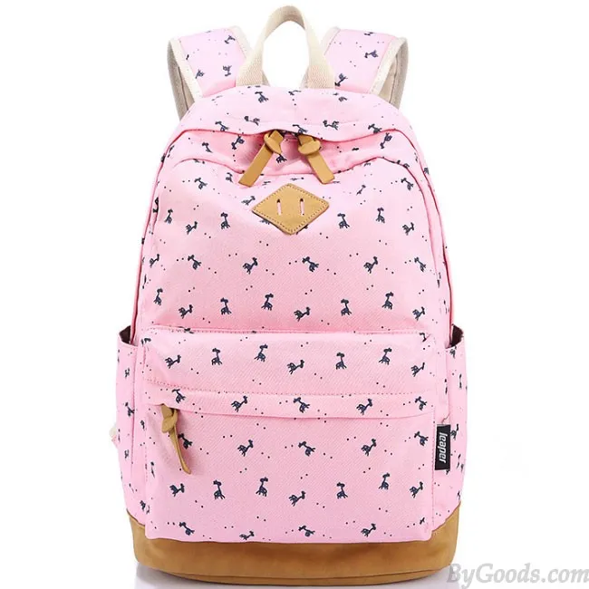 Printed Canvas School Backpack with Deer Design for Girls