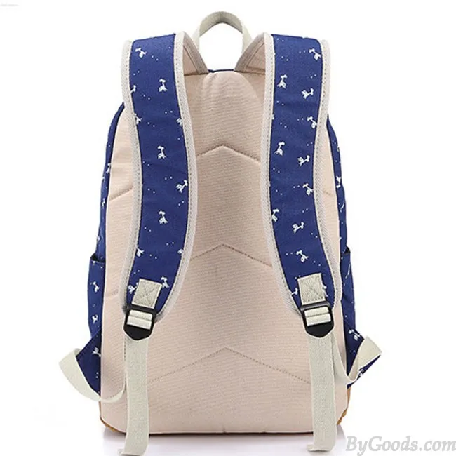 Printed Canvas School Backpack with Deer Design for Girls