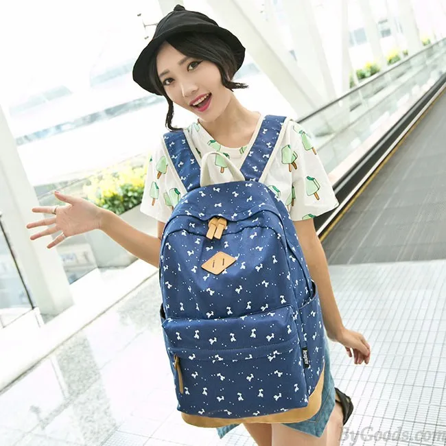 Printed Canvas School Backpack with Deer Design for Girls