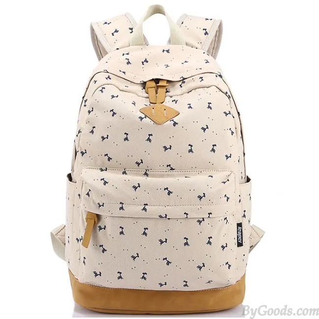 Printed Canvas School Backpack with Deer Design for Girls