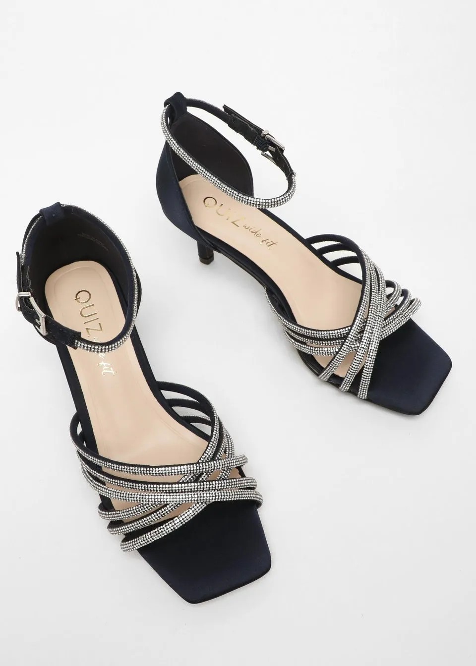 Quiz Navy Wide Fit Satin Diamante Cross Strap Low Heels