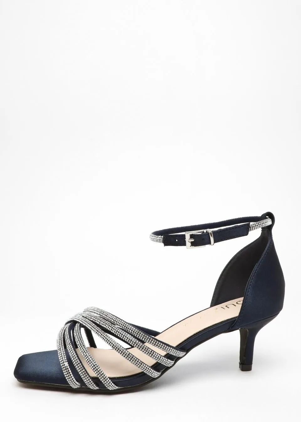 Quiz Navy Wide Fit Satin Diamante Cross Strap Low Heels