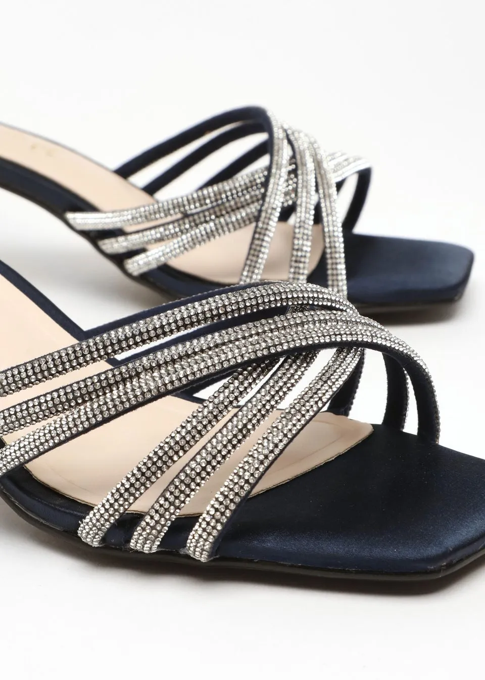 Quiz Navy Wide Fit Satin Diamante Cross Strap Low Heels