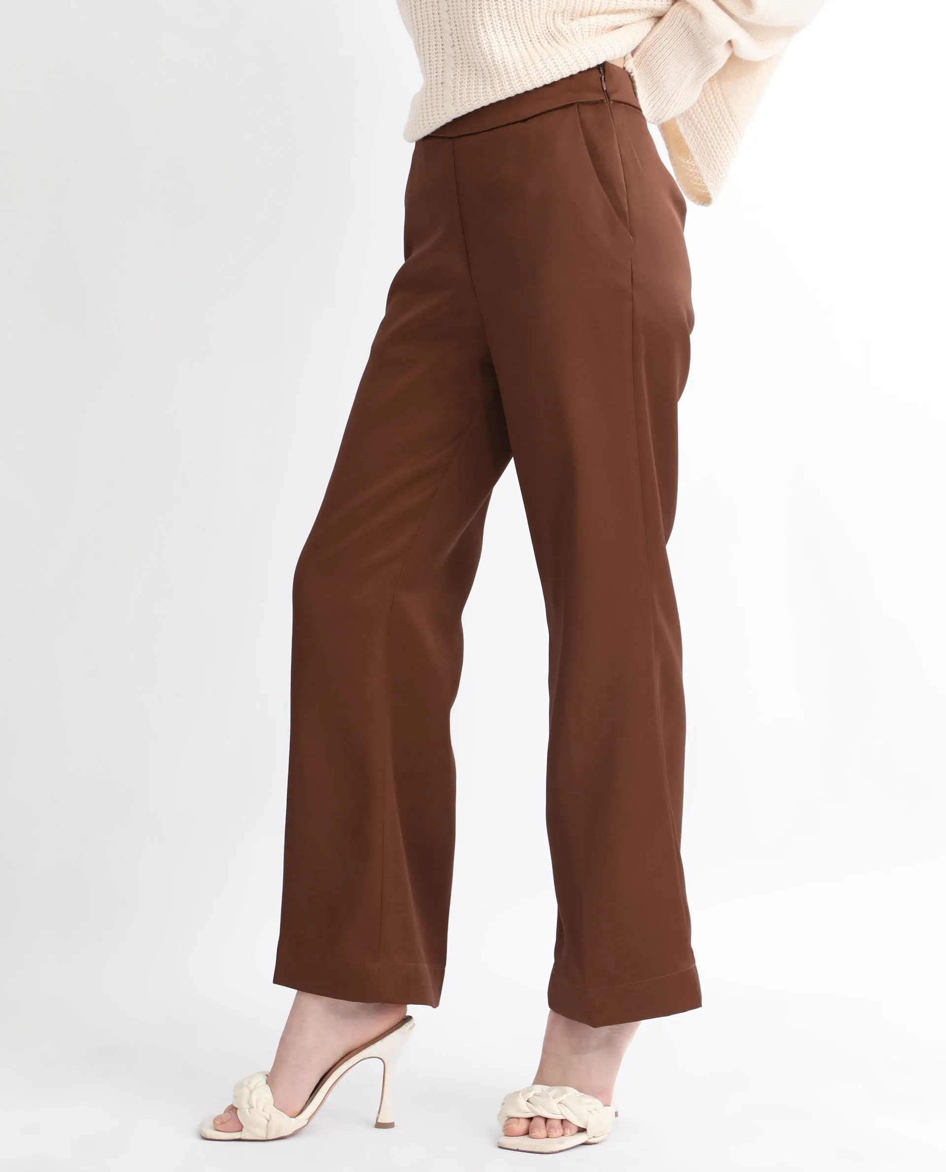 Rareism Women Charo Brown Polyester Fabric Tailored Fit Mid Rise Solid Ankle Length Trousers