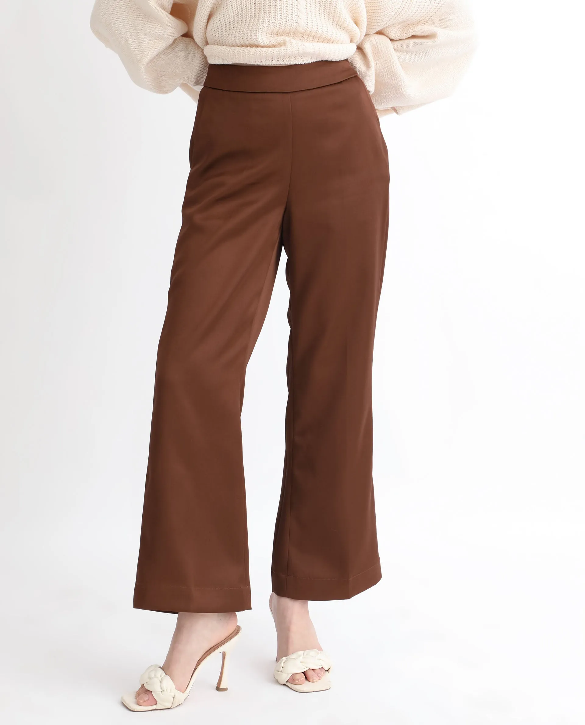 Rareism Women Charo Brown Polyester Fabric Tailored Fit Mid Rise Solid Ankle Length Trousers