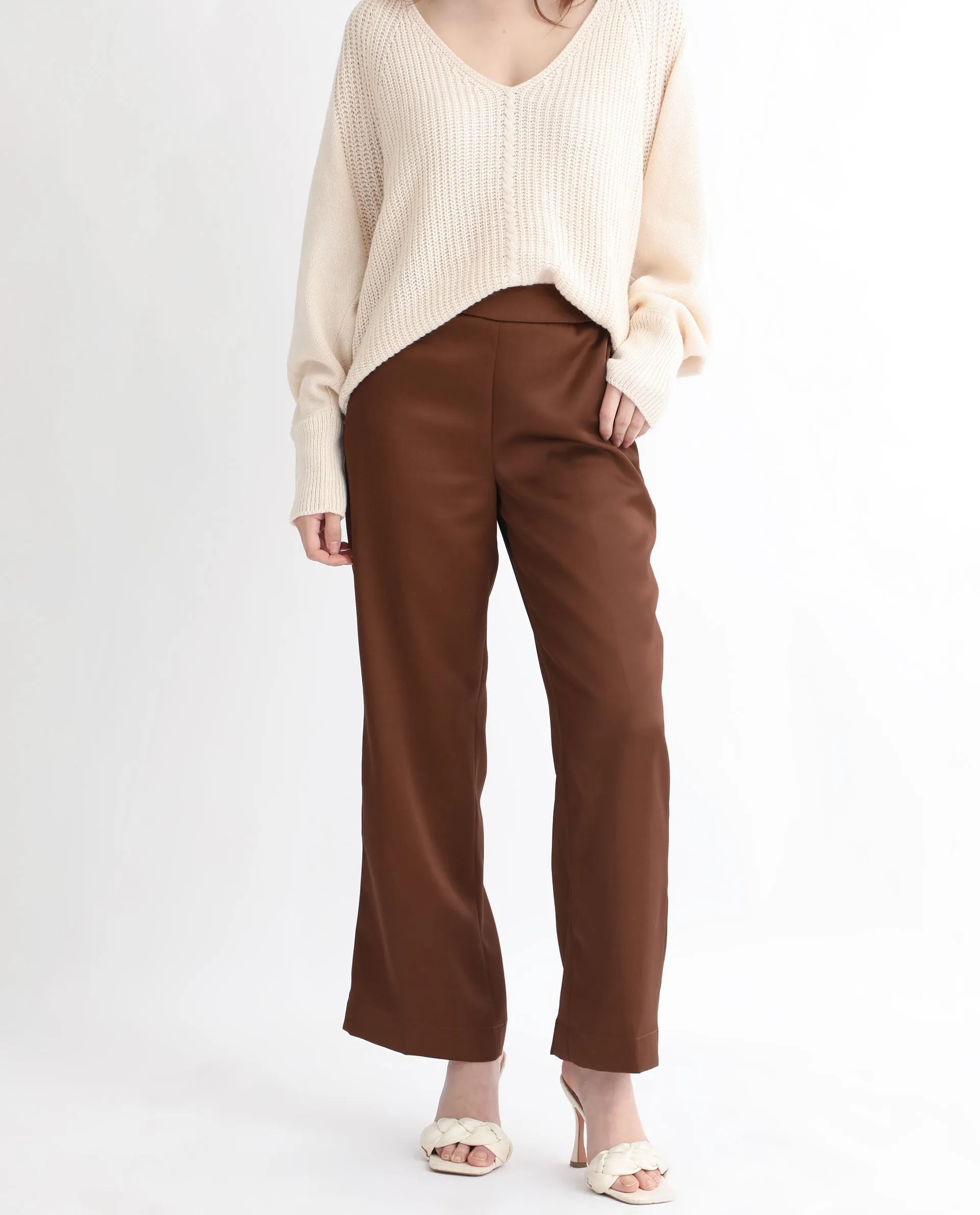 Rareism Women Charo Brown Polyester Fabric Tailored Fit Mid Rise Solid Ankle Length Trousers