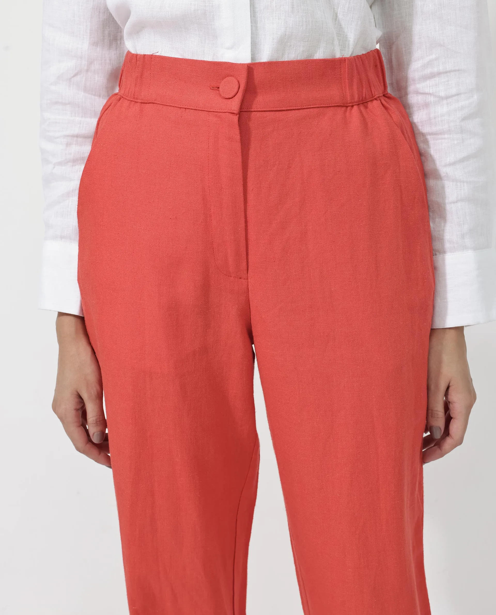 Rareism Women Costa-B Pastel Rust Cotton Linen Fabric Button Closure Regular Fit Plain Ankle Length Tapered Trousers