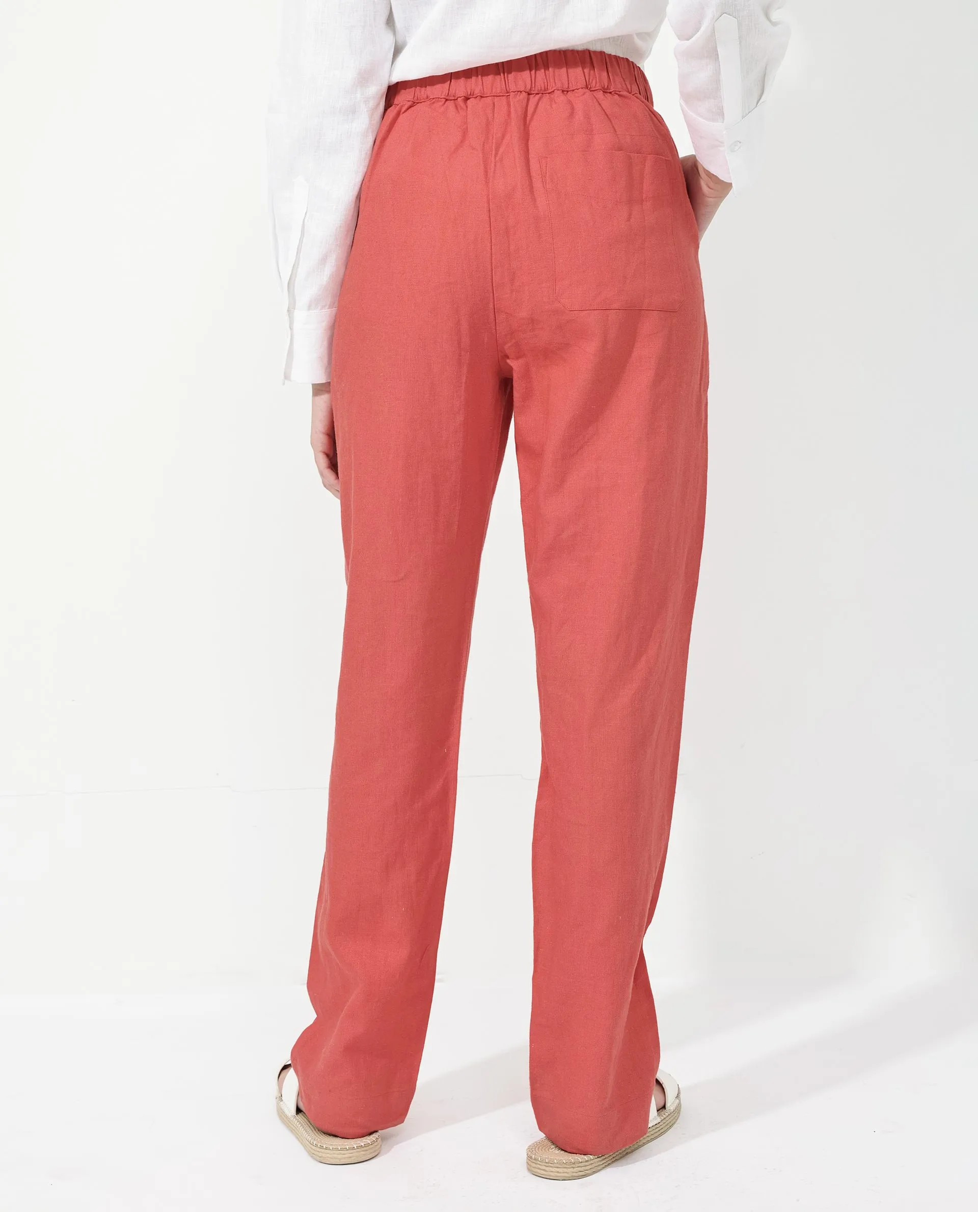 Rareism Women Costa-B Pastel Rust Cotton Linen Fabric Button Closure Regular Fit Plain Ankle Length Tapered Trousers