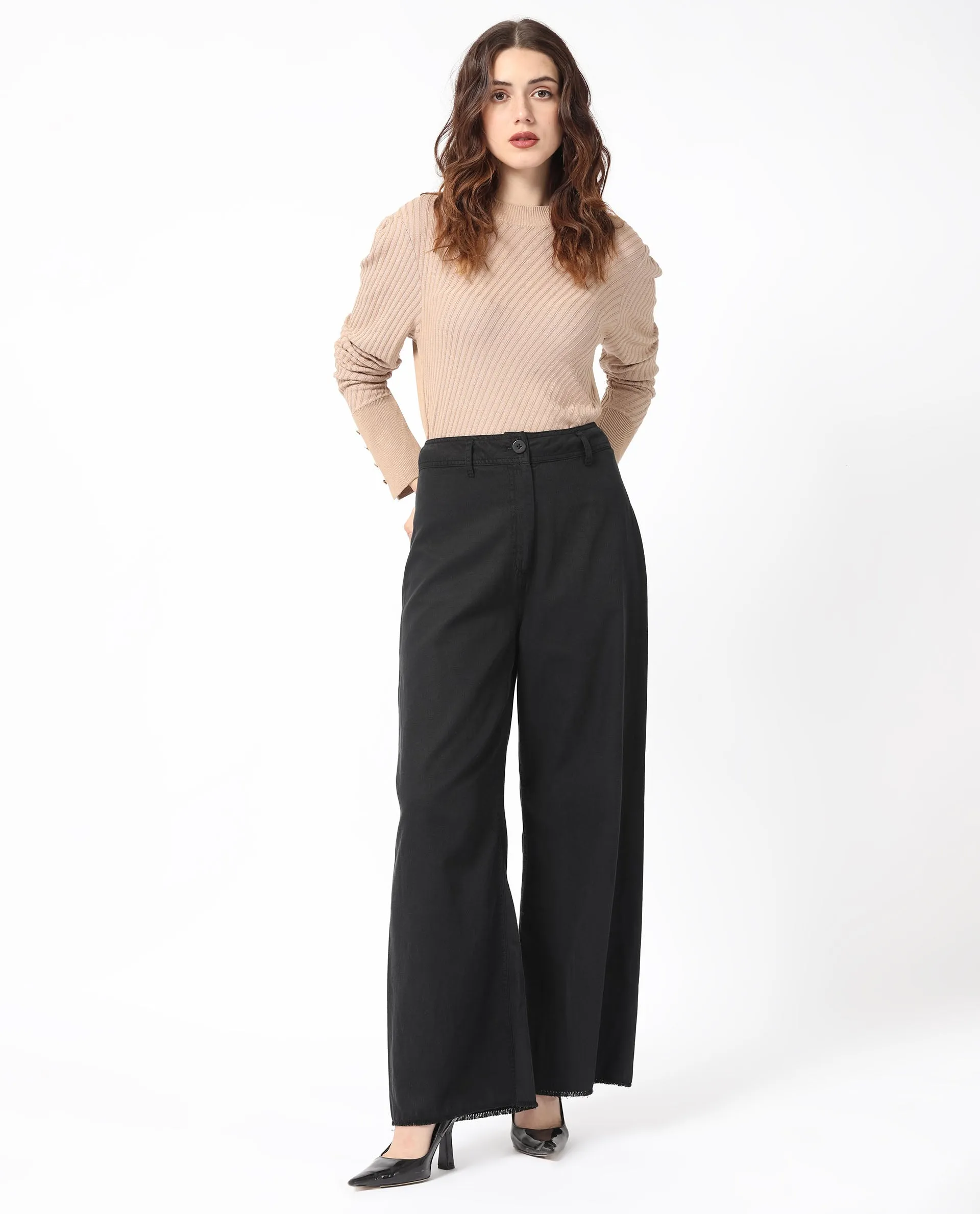 Rareism Women Genia Black Cotton Blend Fabric Regular Fit High Rise Solid Ankle Length Trousers