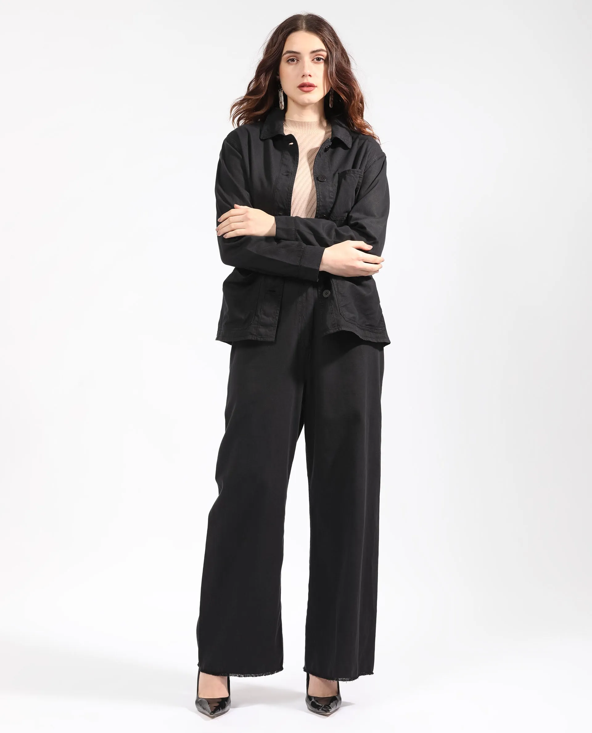 Rareism Women Genia Black Cotton Blend Fabric Regular Fit High Rise Solid Ankle Length Trousers