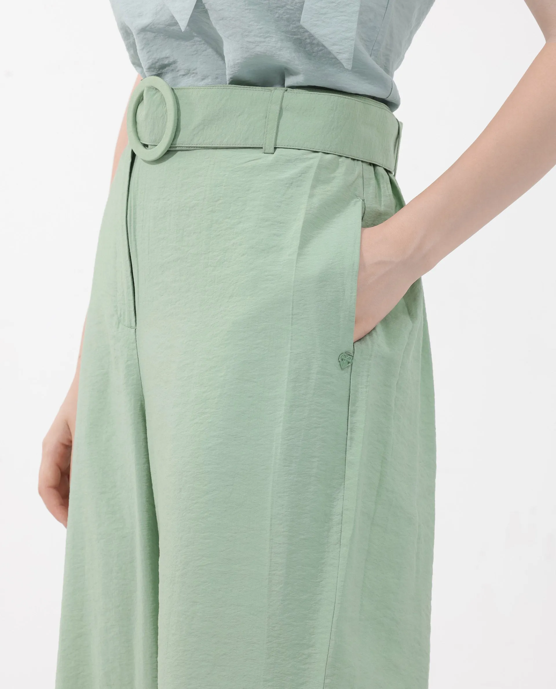 Rareism Women Millinia Pastel Green Viscose Nylon Fabric Button Closure Straight Fit Plain Ankle Length Trousers