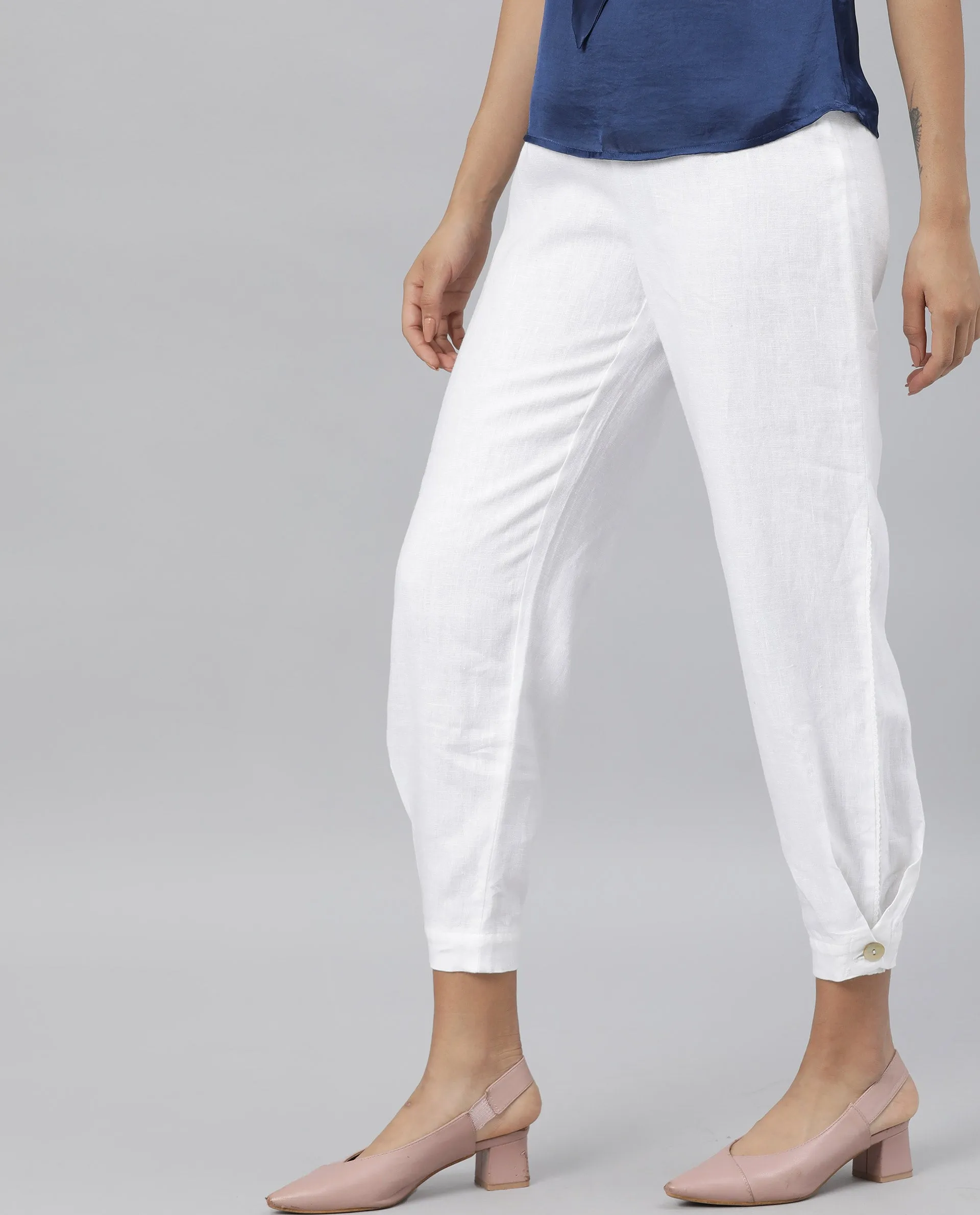 Rareism Women Navi White Trousers Cotton Linen Fabric Zip Clouser Solid