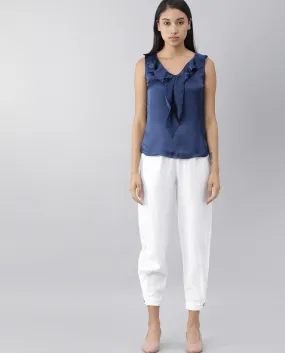 Rareism Women Navi White Trousers Cotton Linen Fabric Zip Clouser Solid