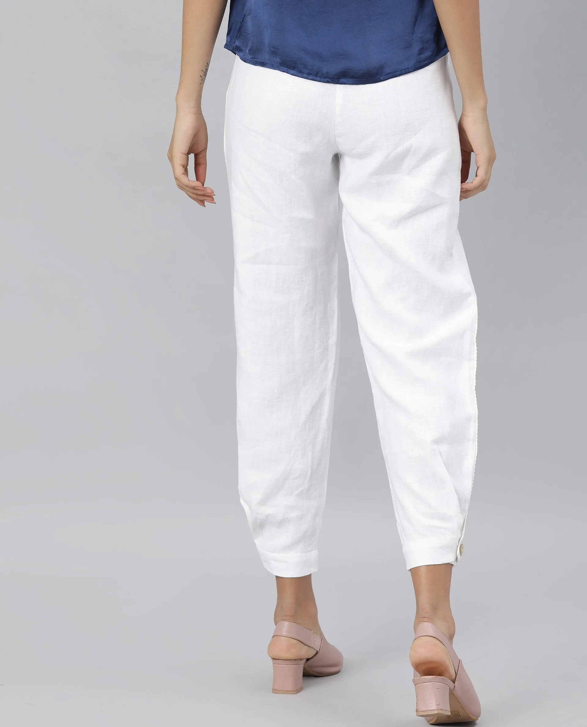 Rareism Women Navi White Trousers Cotton Linen Fabric Zip Clouser Solid