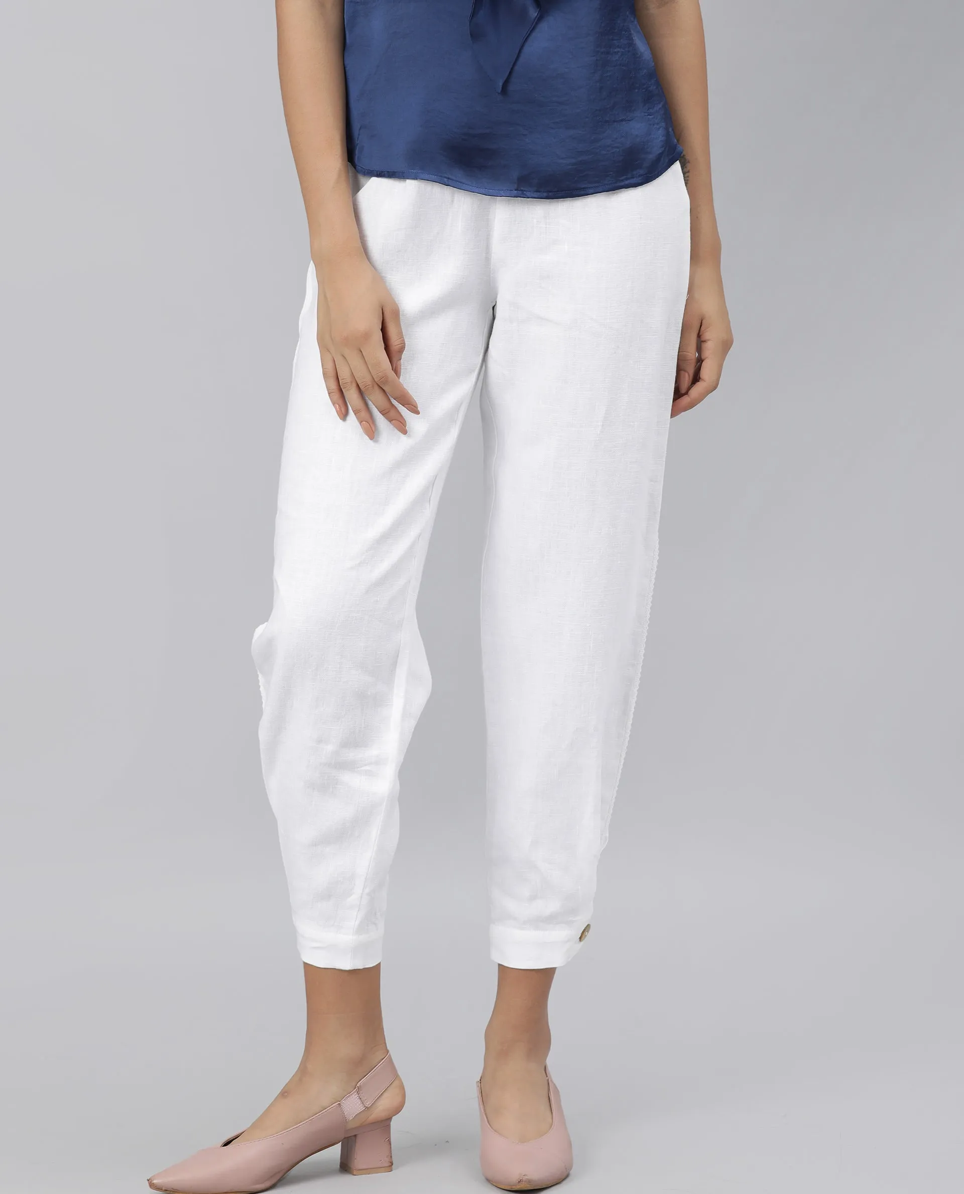 Rareism Women Navi White Trousers Cotton Linen Fabric Zip Clouser Solid