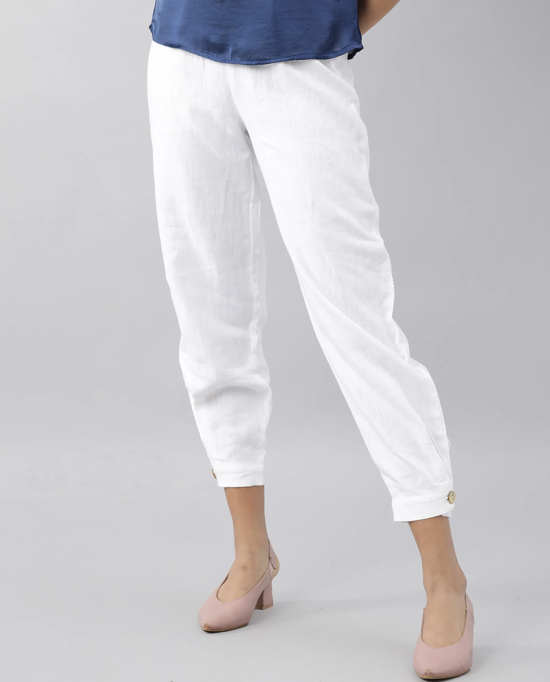 Rareism Women Navi White Trousers Cotton Linen Fabric Zip Clouser Solid